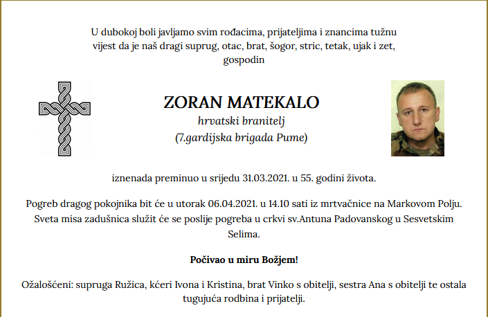 Zoran Matekalo - Hrvatski branitelj 1966. - 2021.