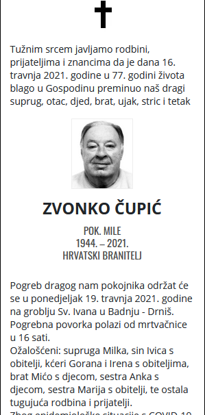Zvonko Čupić - Hrvatski branitelj 1944. - 2021.