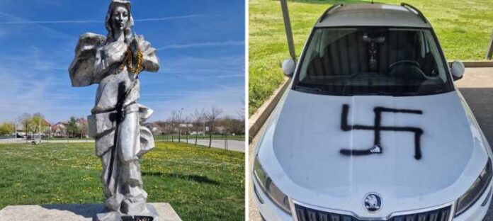Vandalizam u župnome dvorištu: oskvrnut Gospin kip i išarani automobili
