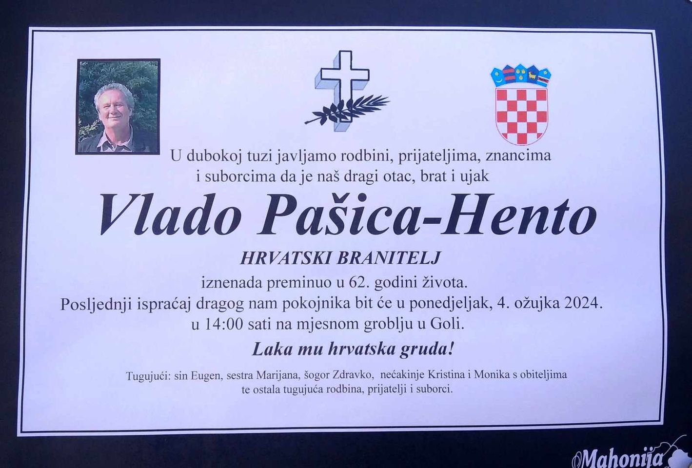 VLADO PAŠICA- HENTO (62. godine) HRVATSKI BRANITELJ - POSLJEDNI POZDRAV