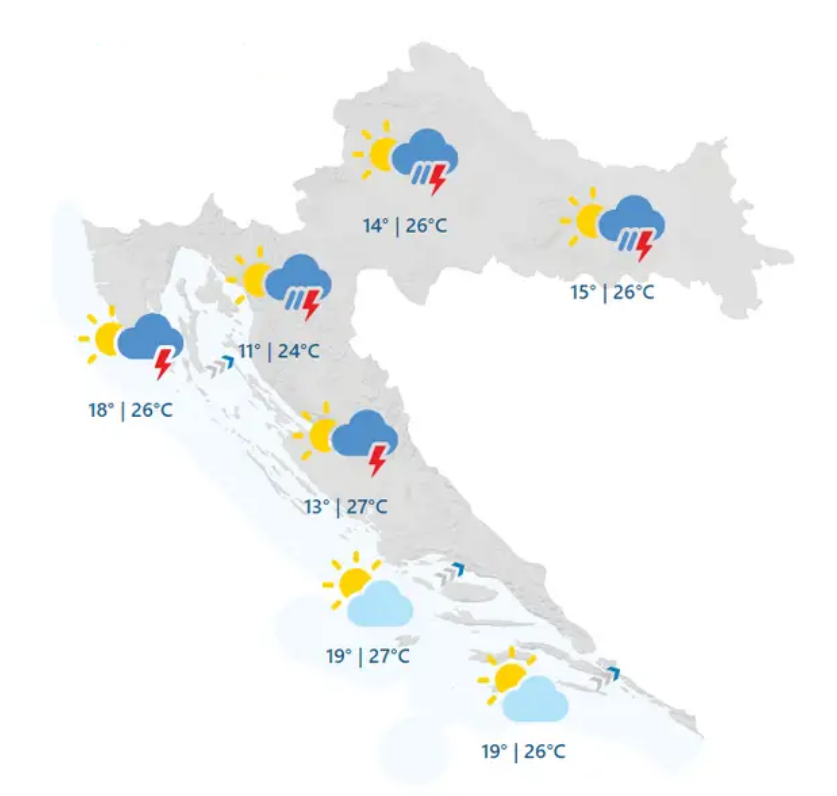 Vremenska prognoza: Djelomično sunčano, ali nestabilno vrijeme s pljuskovima i grmljavinom u unutrašnjosti i duž obale