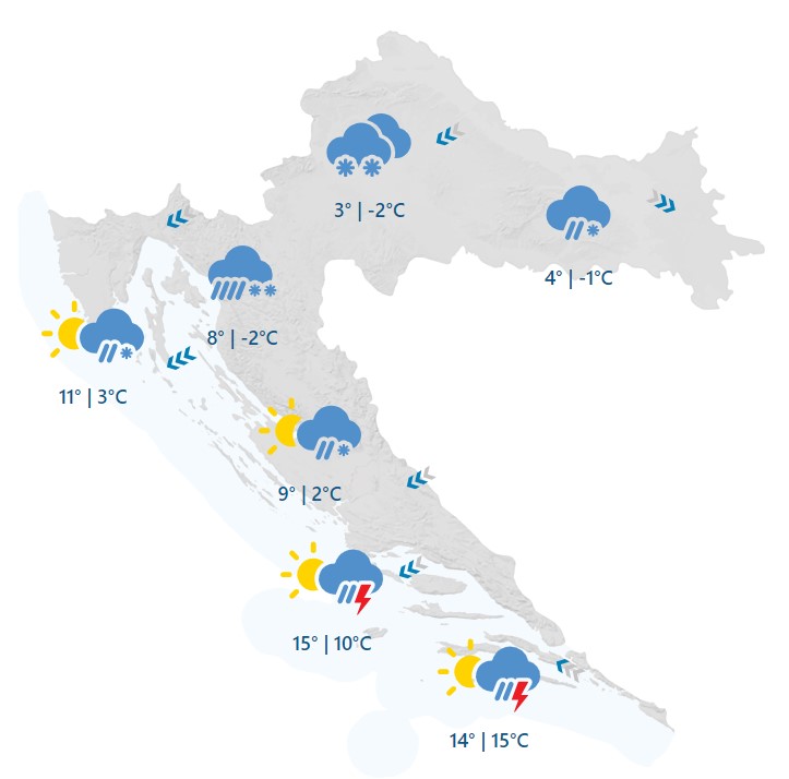 Zimski preokret: Kiša, susnježica i snijeg donose hladnoću i olujni vjetar