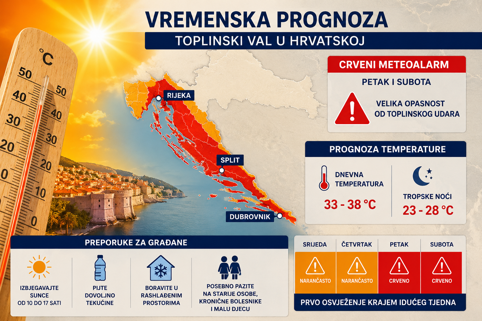 Vrhunac toplinskog vala tek stiže: Crveni meteoalarm za veći dio hrvatske obale