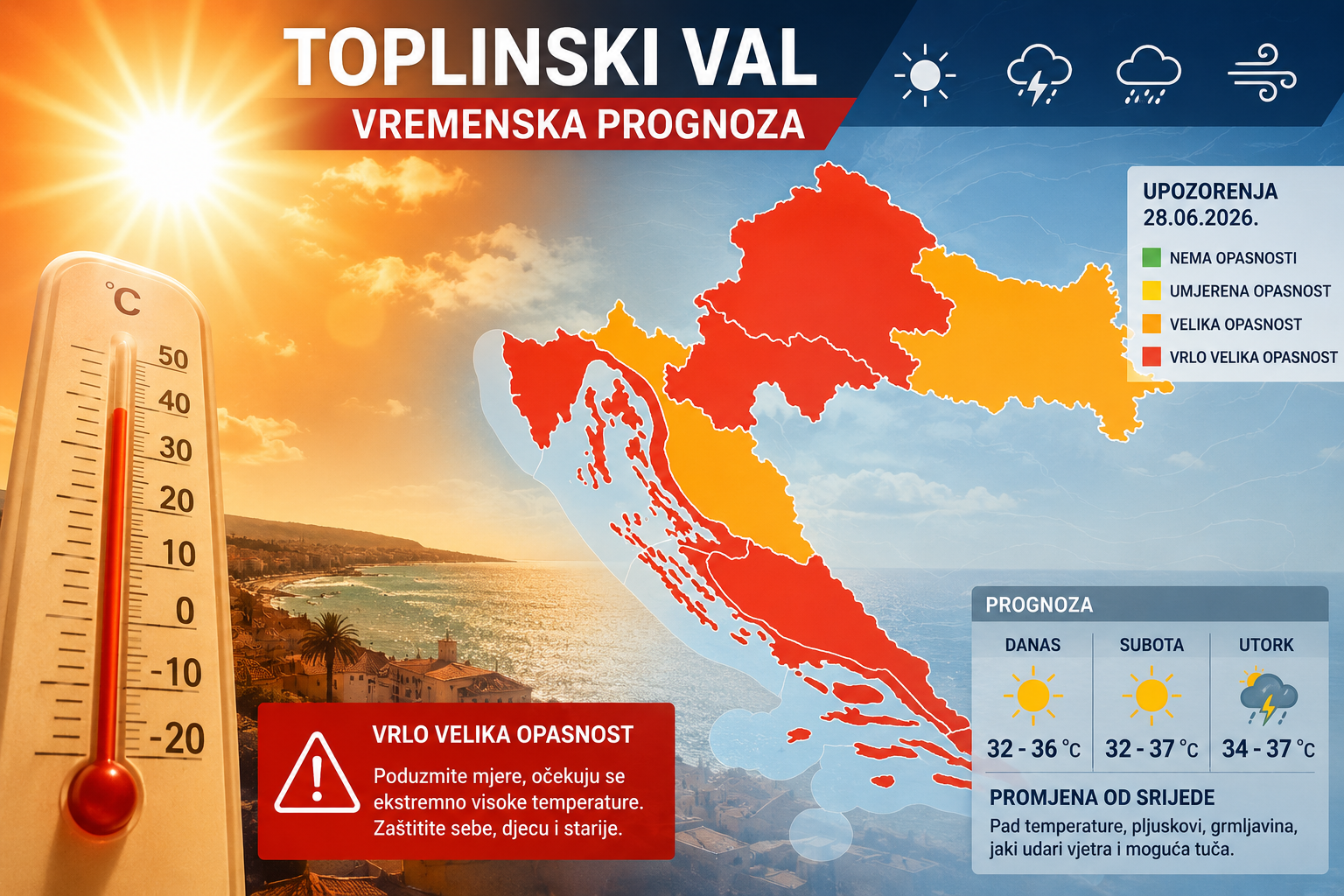 Toplinski val zahvaća cijelu Hrvatsku: Od petka opasnost za zdravlje, početkom idućeg tjedna temperature do vrhunca