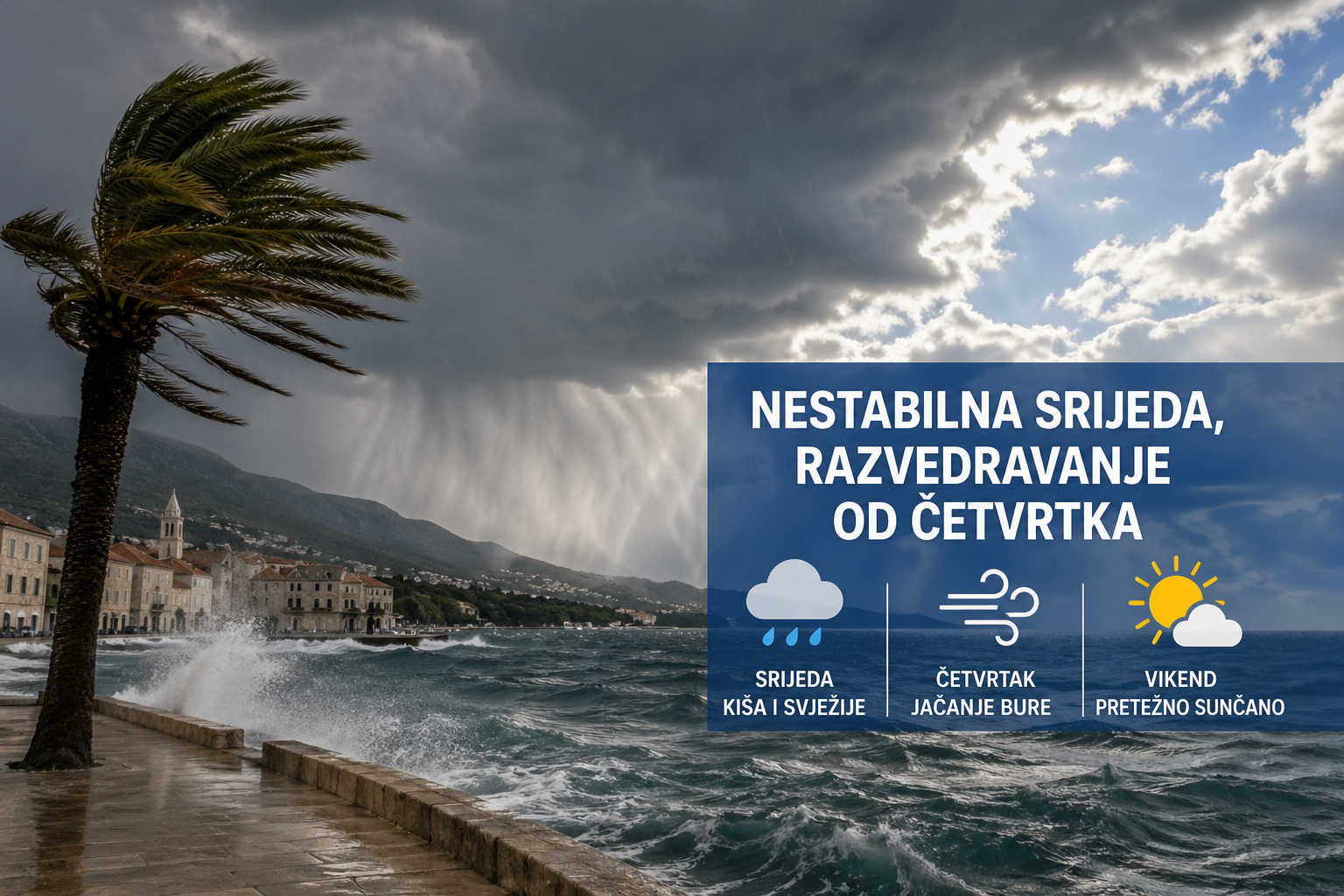 Nestabilna srijeda uz kišu i zahlađenje, od četvrtka razvedravanje i jačanje bure