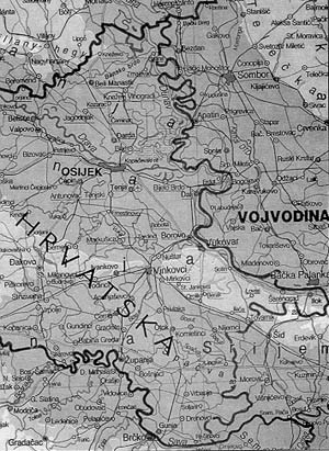 Zemljovid: istočna Hrvatska i jugozapadna Bačka - prostor na kojem su se odvijali ključni događaji od proljeća do jeseni 1991. godine vezano za agresiju na istok Hrvatske