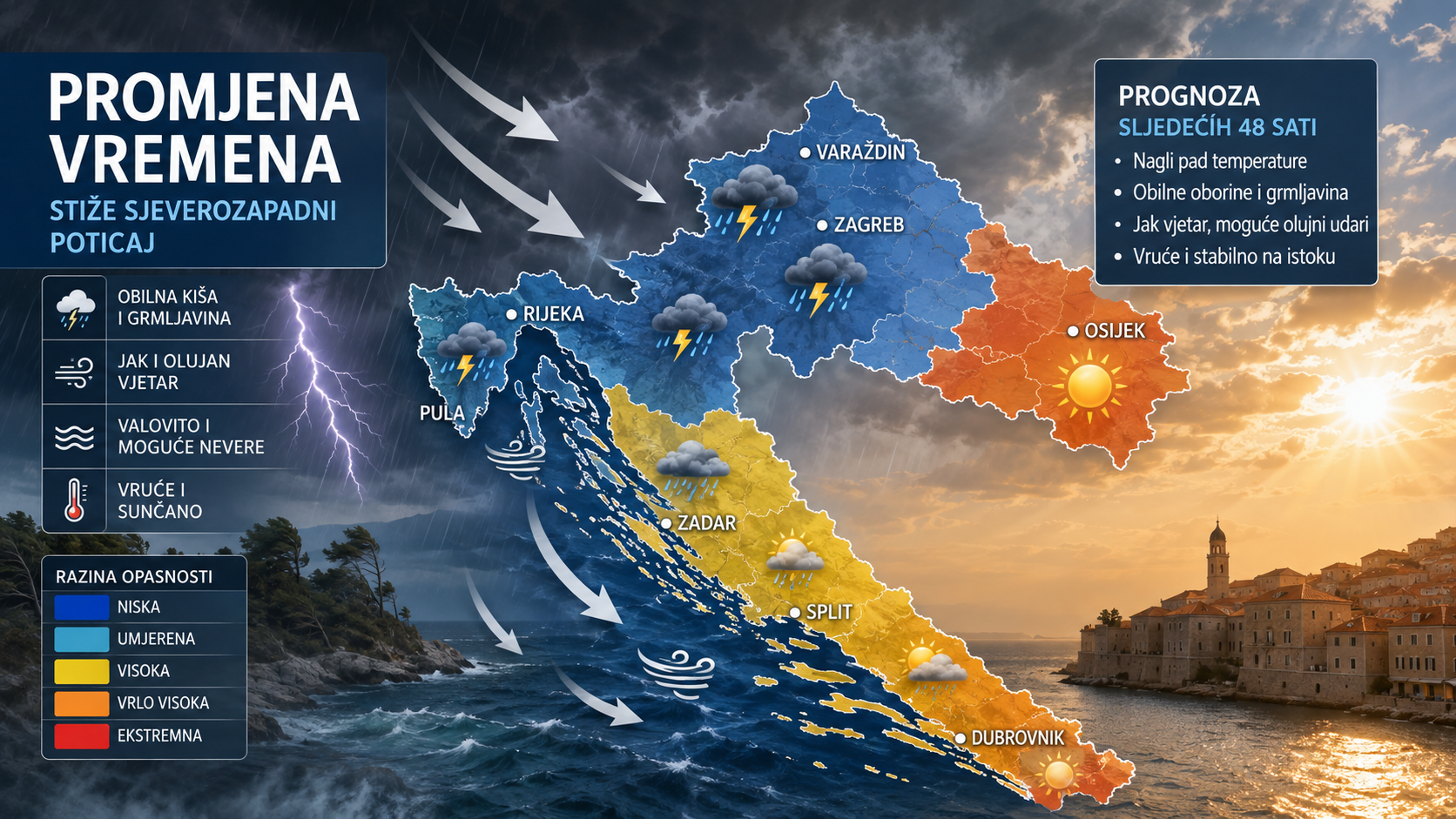 Promjena vremena stiže navečer: Rijeka pod narančastim upozorenjem, mogući pljuskovi, tuča i olujni udari