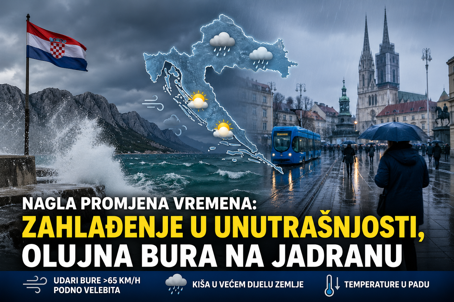 Nagla promjena vremena: Zahlađenje u unutrašnjosti, olujna bura na Jadranu