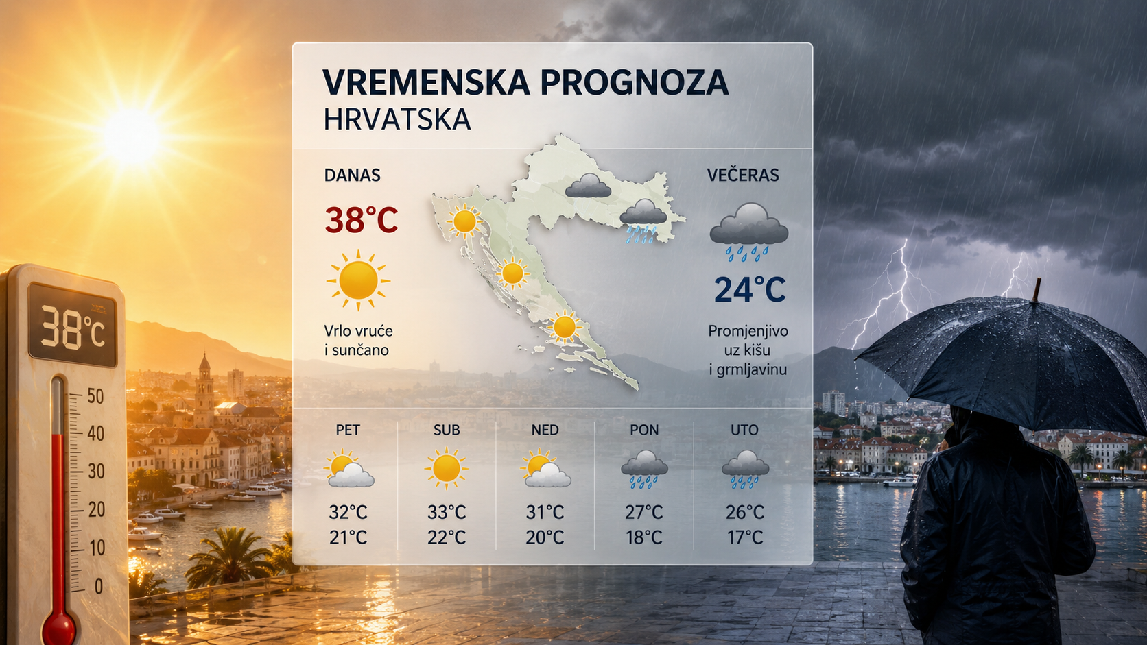 Do 38 °C u petak, navečer stižu pljuskovi; U subotu osjetno svježije na kopnu