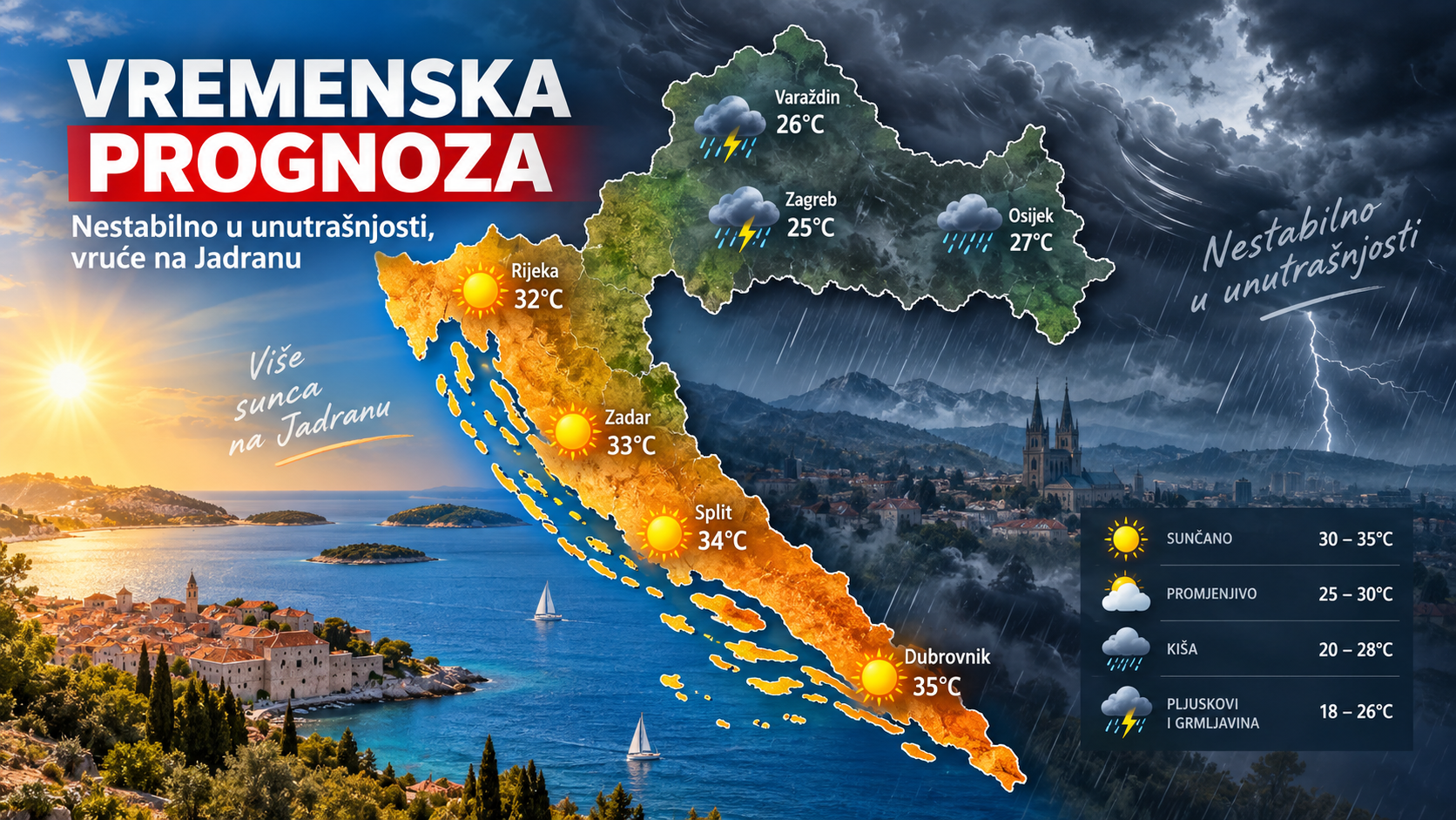 Subota donosi pljuskove i jak vjetar, nedjelja svježija uz buru na Jadranu