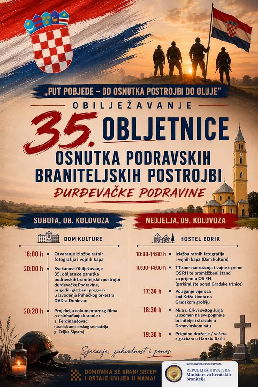 „Put pobjede – od osnutka postrojbi do Oluje“: Đurđevac obilježava 35. obljetnicu osnutka podravskih braniteljskih postrojbi